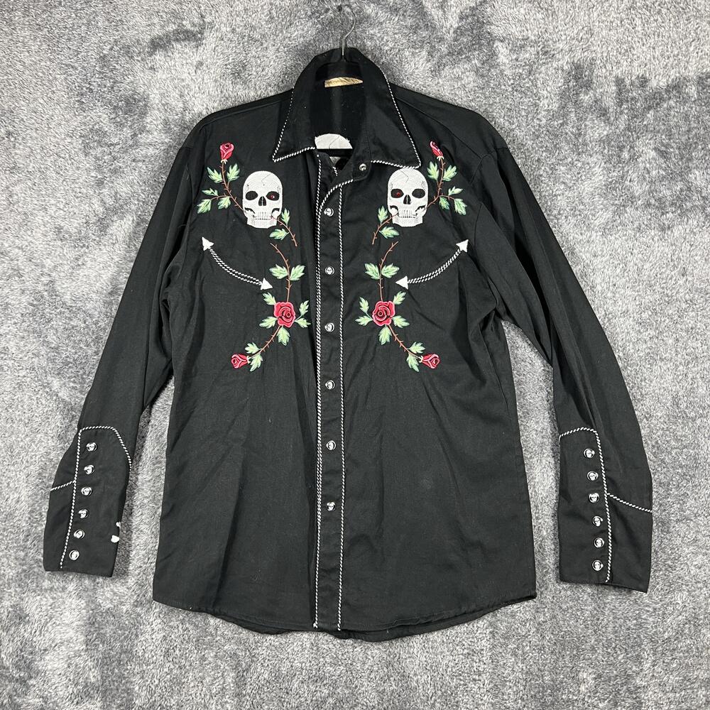 Scully Shirt Mens S Black Long Sleeve Snap Western Embroidered Skull Rose